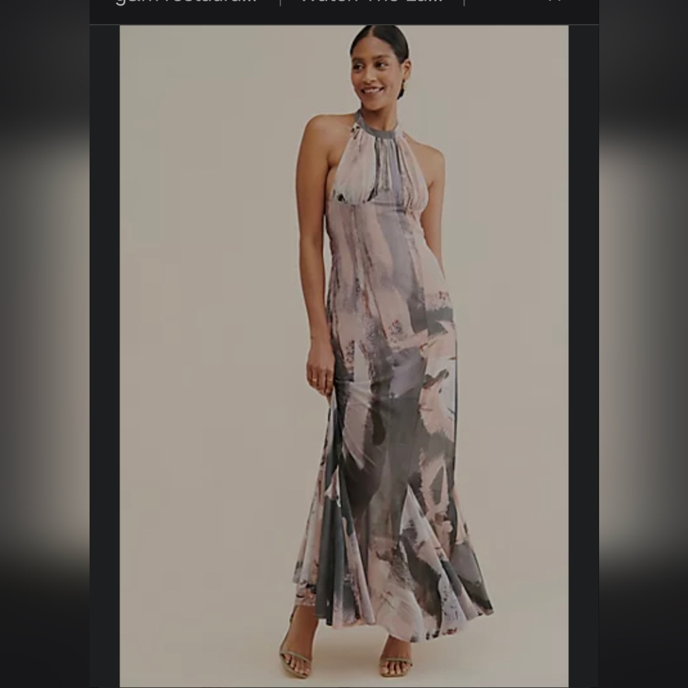 Anthropologie Let Me Be Halter Maxi Dress in Blush &â Gray Abstract Print